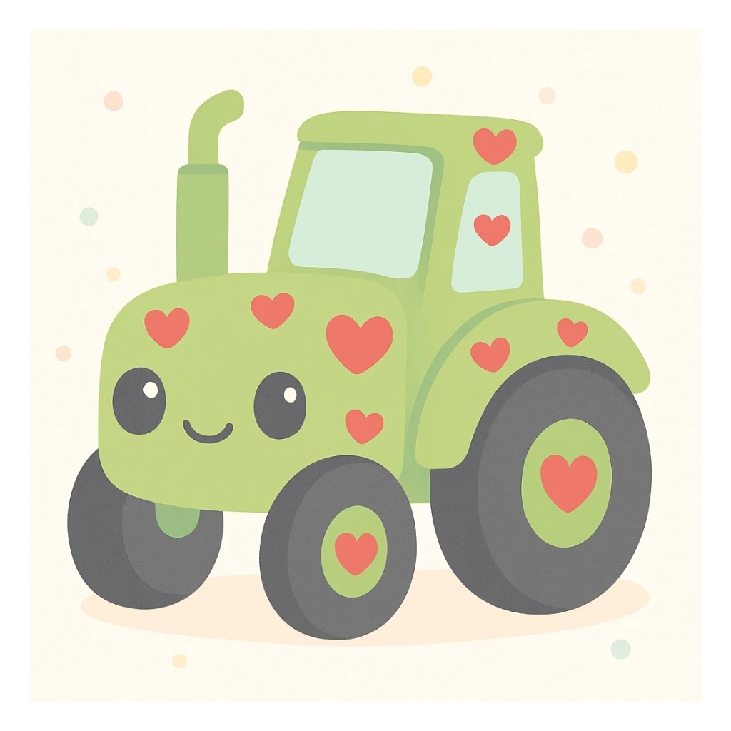 green tractor decorated with red heart emojis, cute and playful style sticker