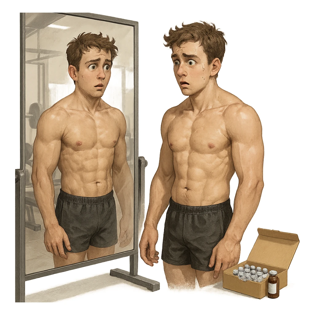 young inexperienced bodybuilder in gym in front of mirror, surprised and doubtful expression, open box of anabolic steroids in background, atmosphere of curiosity and uncertainty, realistic details, isolated on white background sticker