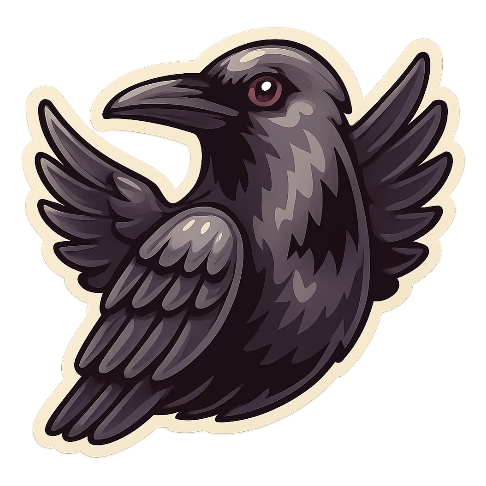 A crow in profile with spread wings in retro sticker style, expressive, with volume, various shades of gray, clear contours, vintage atmosphere, no gradients. sticker