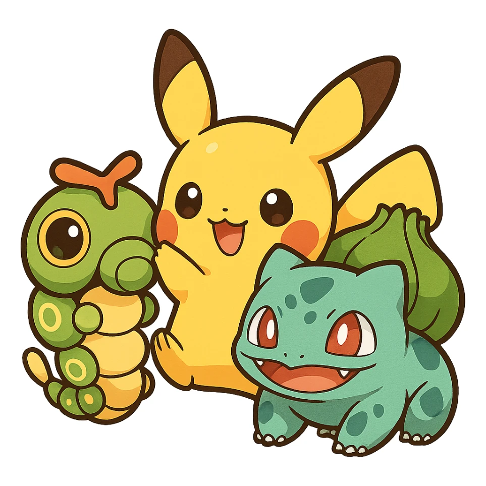 Caterpie with Pikachu and Bulbasaur, playful chibi style sticker