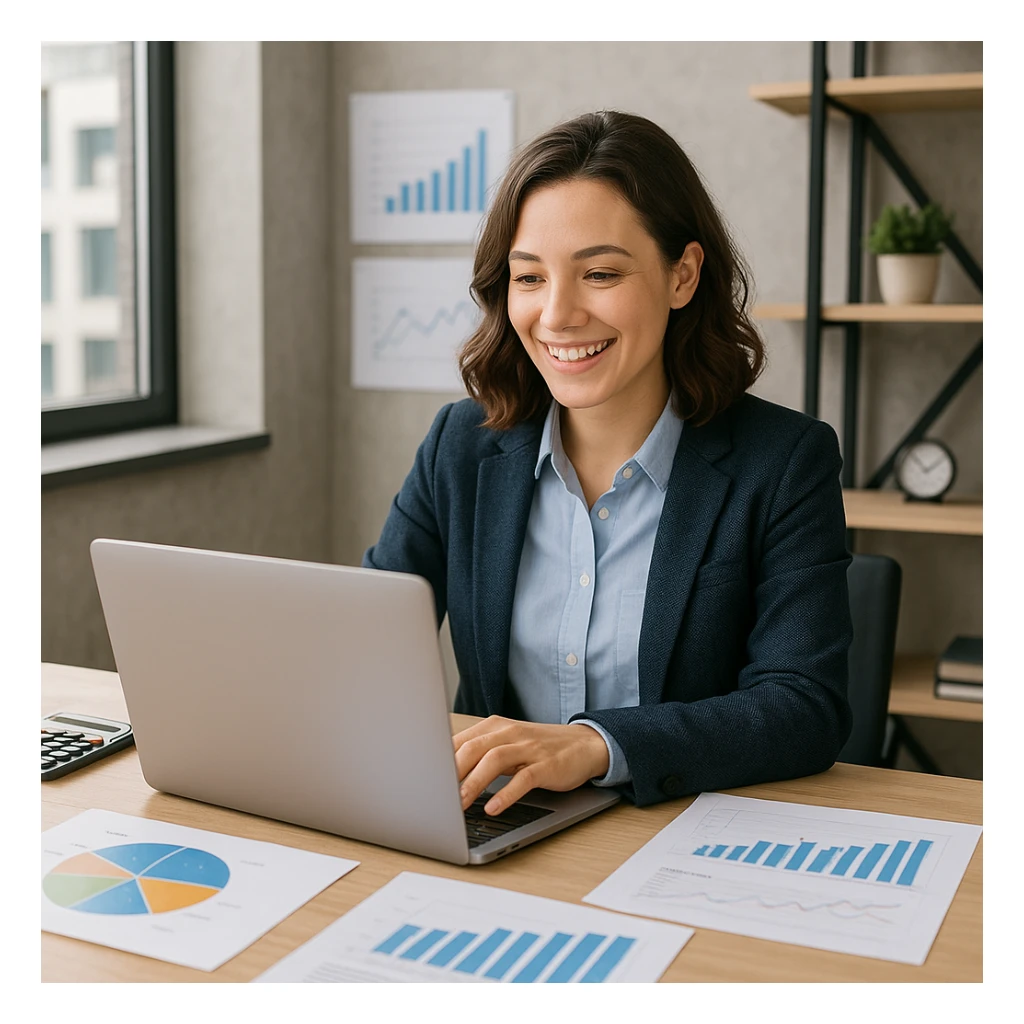a working accountant, cheerful, using a laptop, surrounded by financial charts, business casual, modern office sticker
