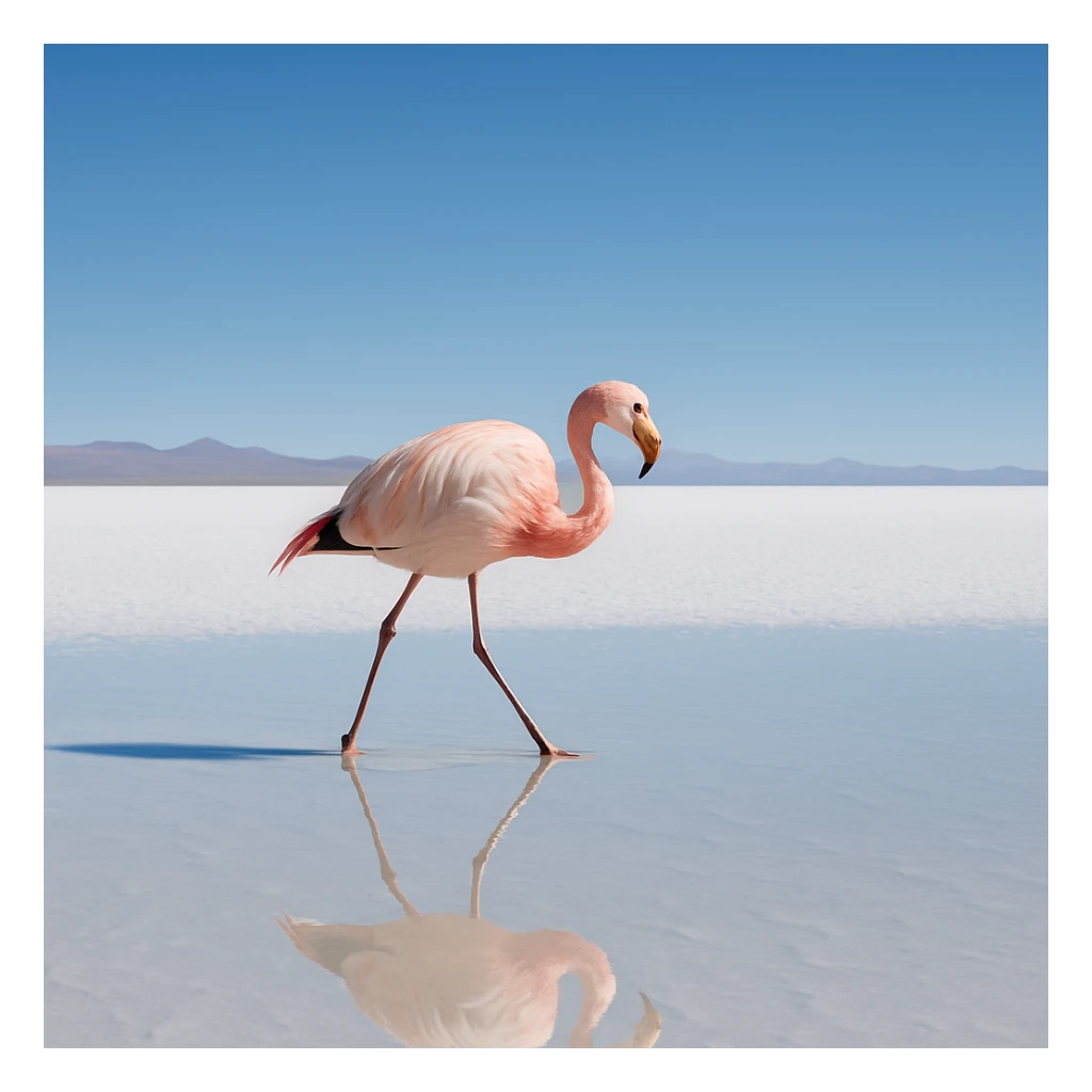 flamingo walking on the Uyuni salt lake, reflection in salt water, natural mystery and peacefulness sticker