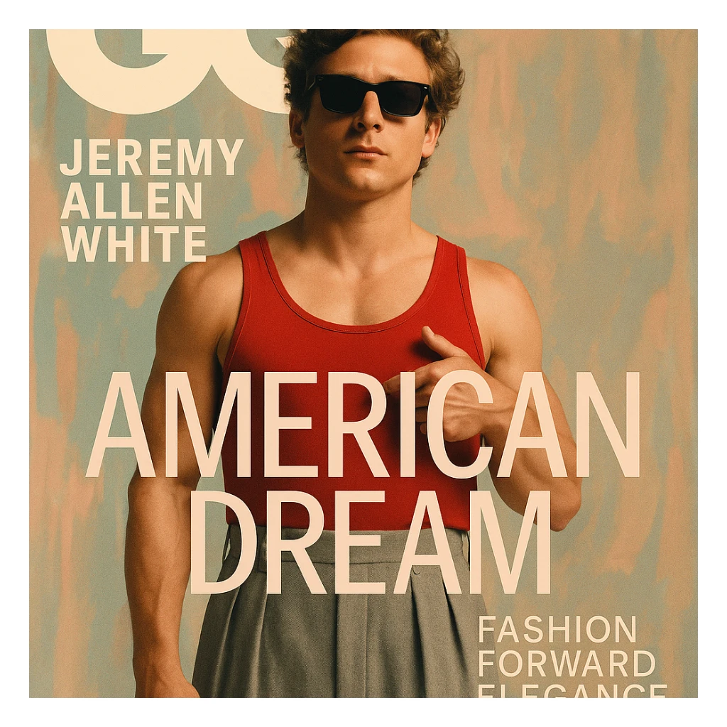 Create a GQ Magazine cover featuring Jeremy Allen White based on the provided photograph. The design should be stylish and modern with a bold typography and a fashion-forward, elegant color palette. Focus on a sophisticated magazine layout that highlights the subject prominently. sticker