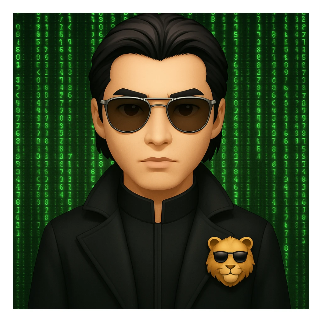 Add a green Matrix code background behind Neo with a lion head, keeping the emoji style look and feel. sticker