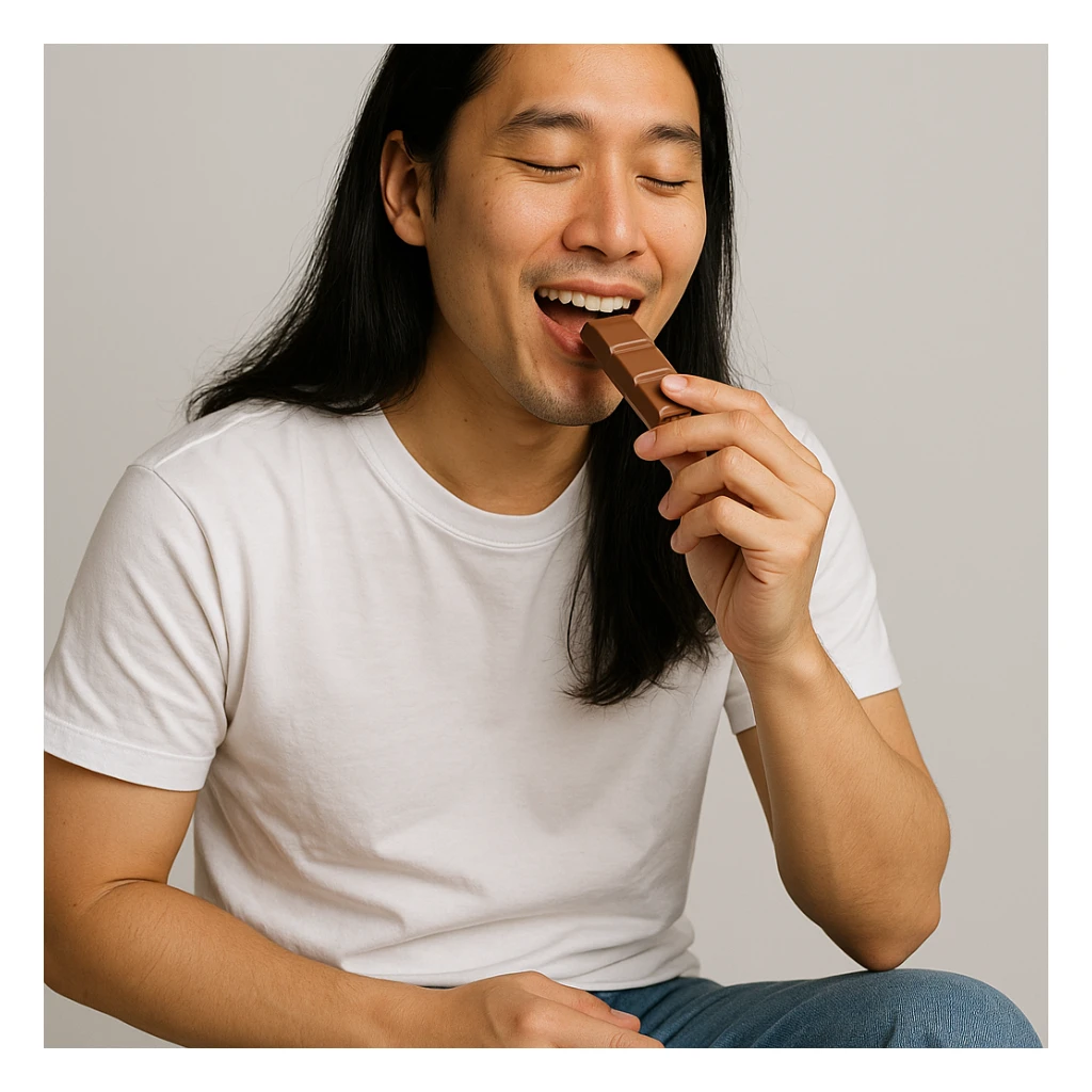 long haired Asian man enjoying chocolate, dressed in white T-shirt and jeans, minimal background sticker