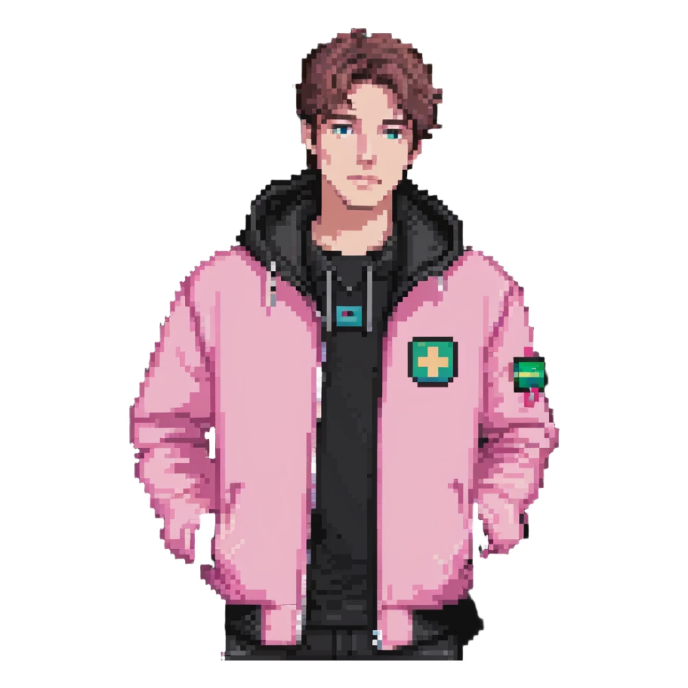 Garett Garrison from Minecraft movie wearing a pink jacket sticker
