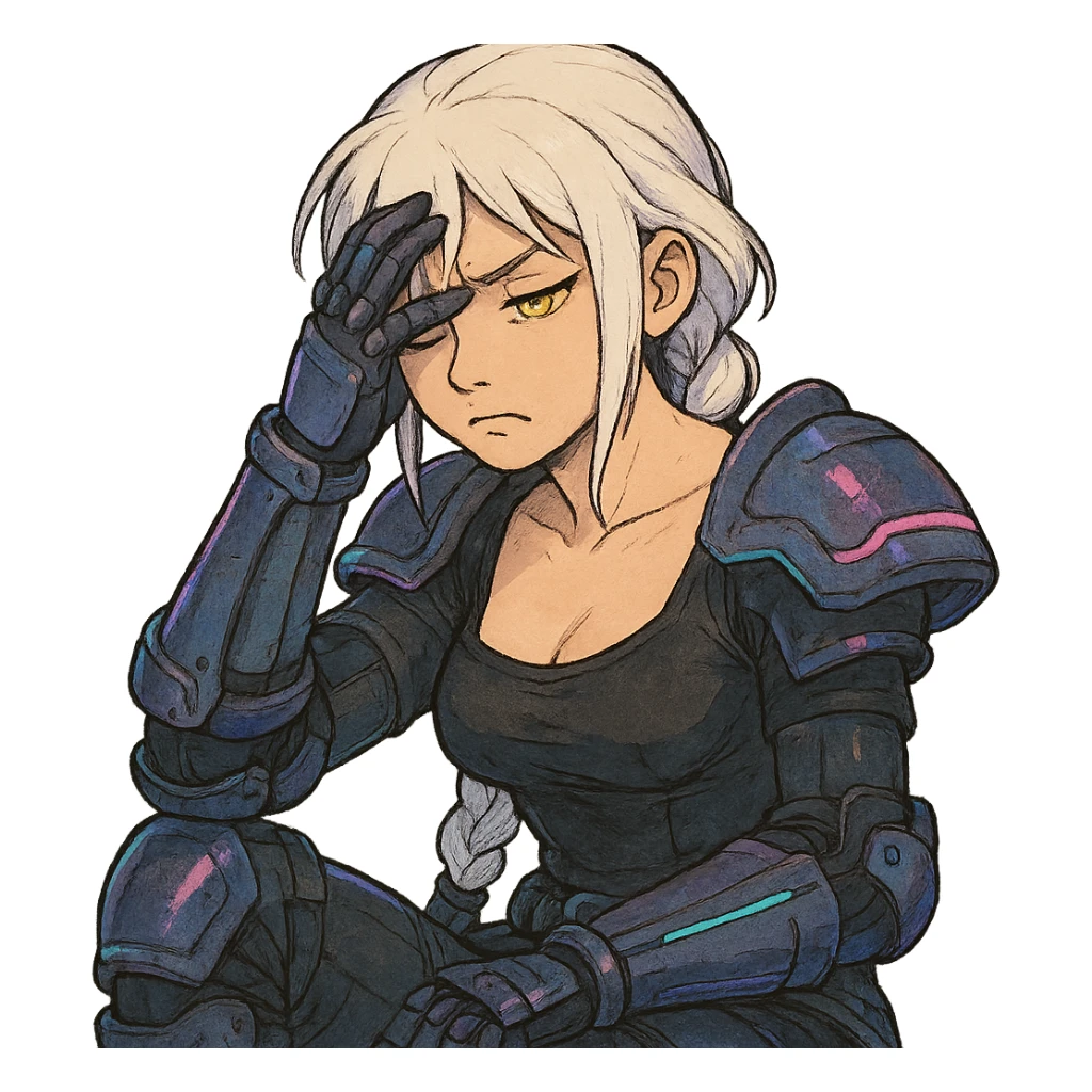  she is wearing armor, maximum power , facepalm smh, a closeup portrait of young woman with gold yellow eyes, white hair, long braid, black off-shoulder top d-cup, punk gothic style, futuristic cyberwave cyberpunk, sitting position sticker