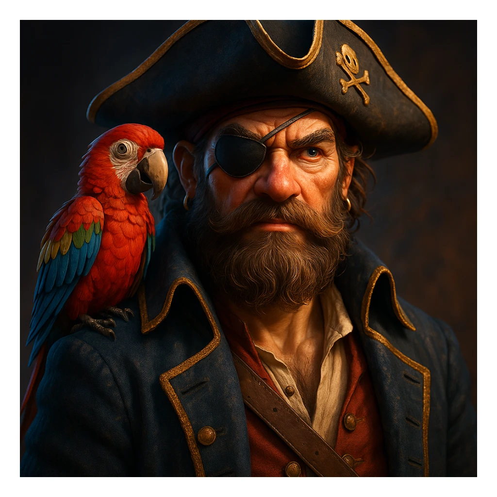 3d art of a pirate with eye patch and parrot in sticker