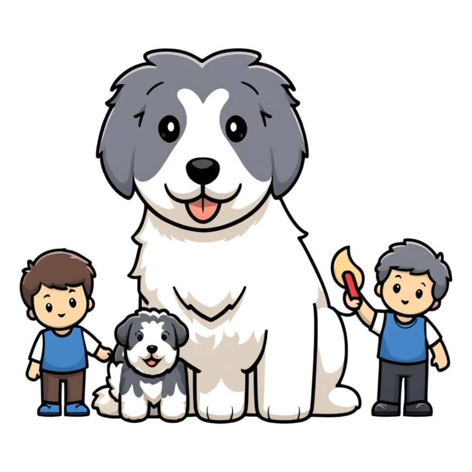 A family with mom, dad, three sons, and an Old English Sheepdog sticker