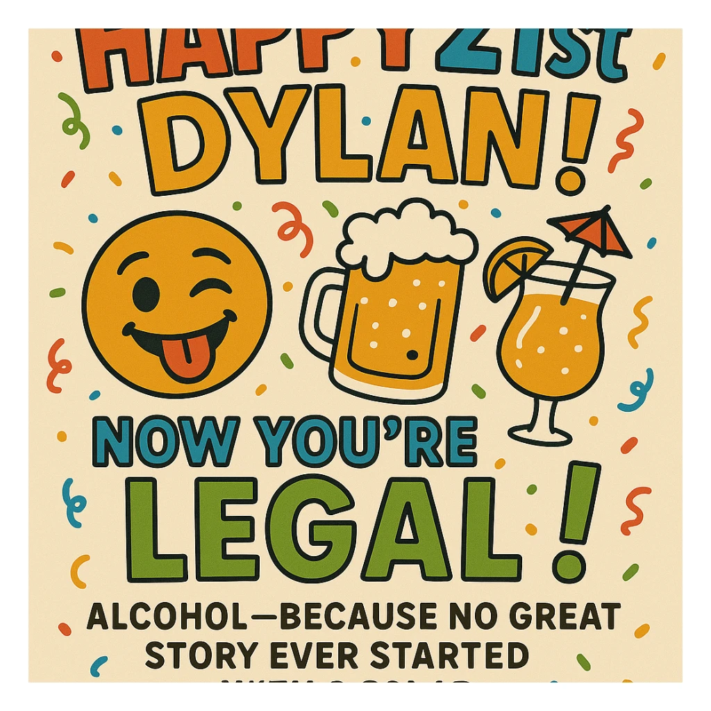 Add the funny drink quote: 'Alcohol—because no great story ever started with a salad.' Keep all original graphics and style. sticker