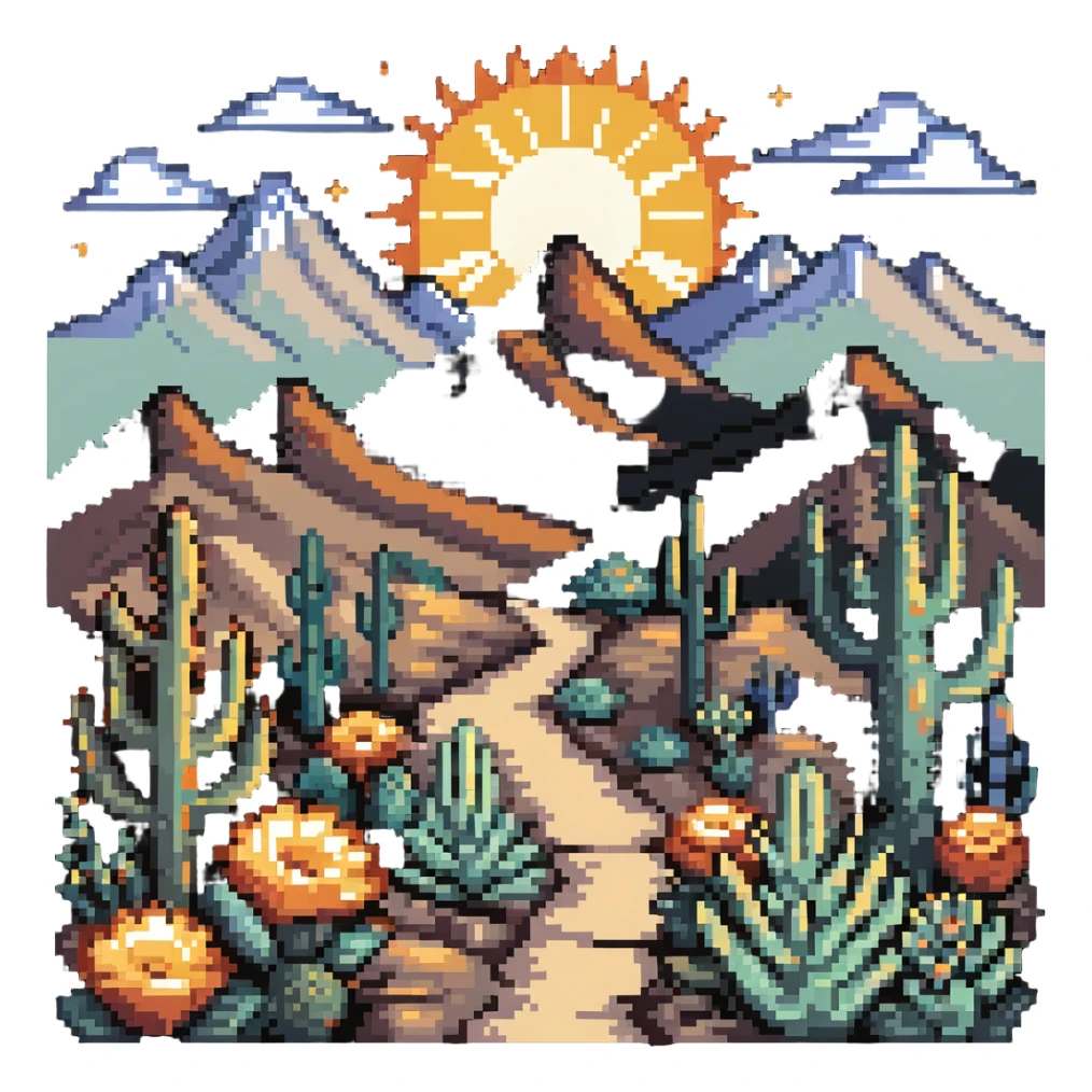 boho-inspired landscape painting with mountains, sun, and desert plants sticker