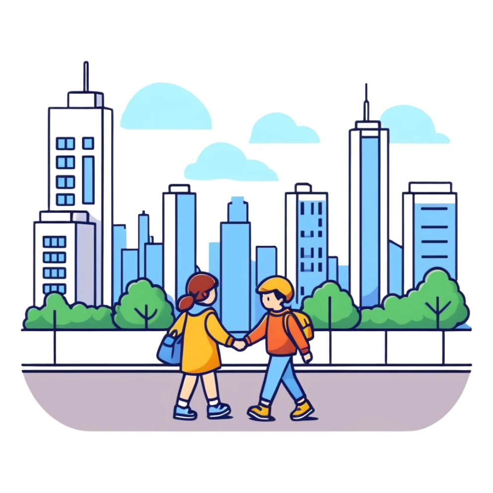 Sister and brother walking in a busy city sticker