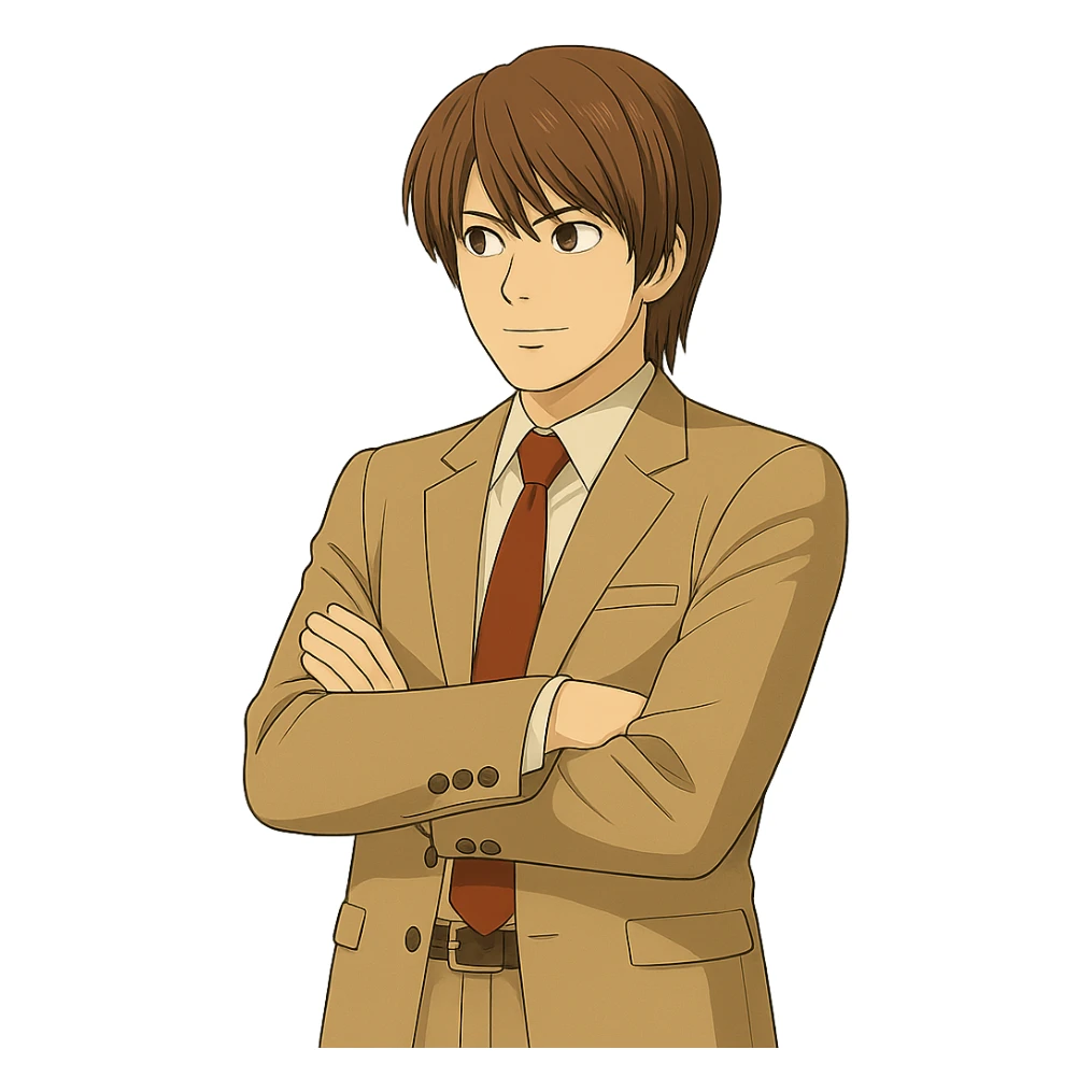Create an exact Light Yagami in Ghibli style, standing with his arms crossed and looking slightly to the left, wearing the same suit, with the same confident expression. Match the face, hair, and suit details exactly to the reference image. Transparent background. sticker