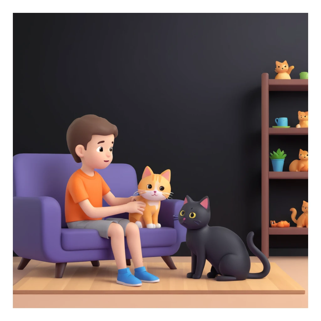 boy and cat pet, living room background sticker