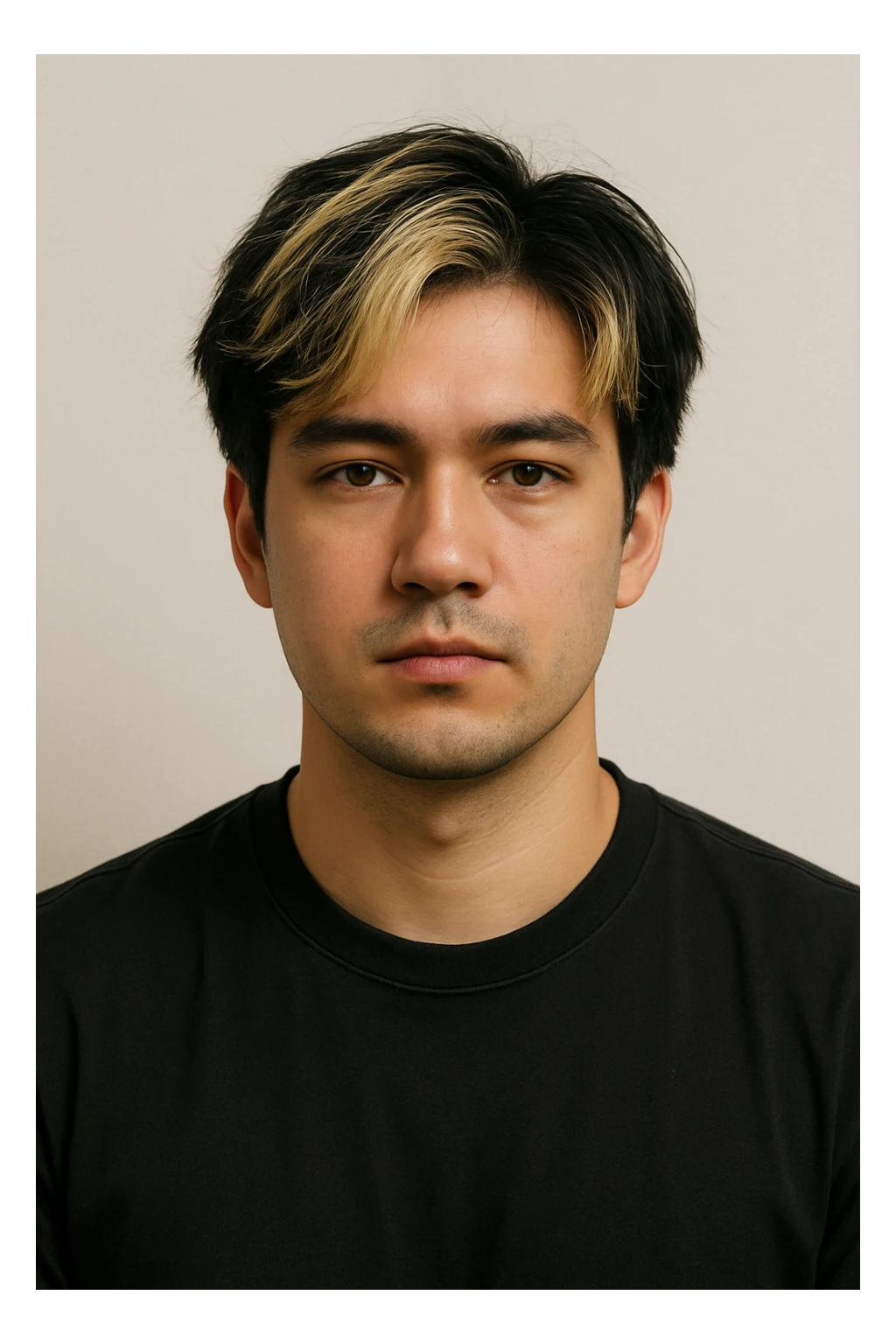 man with black hair and blonde highlights, neutral expression, upper body only, plain background sticker