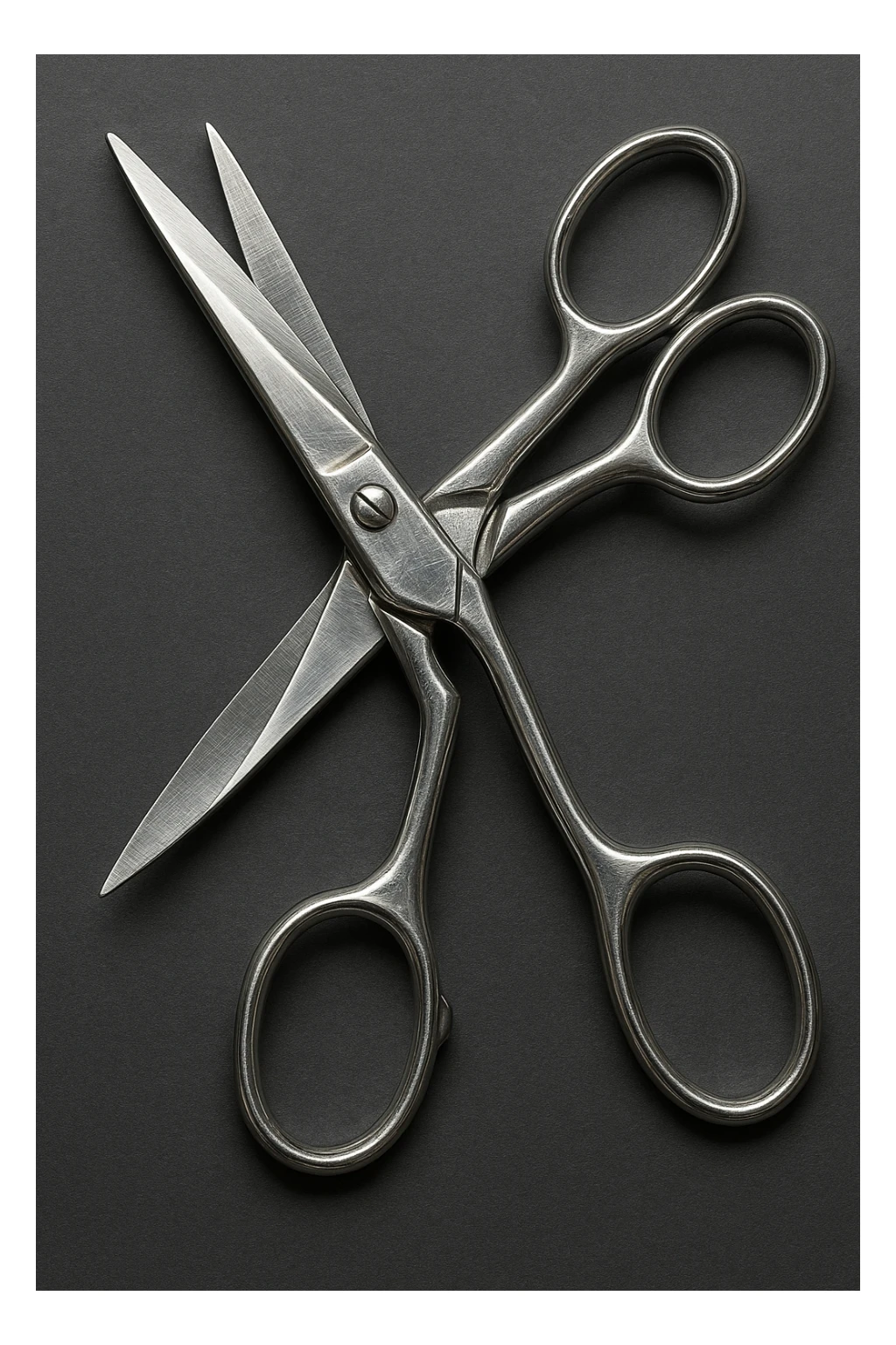 two scissors interlocked, realistic metallic style, detailed, shiny metal texture sticker