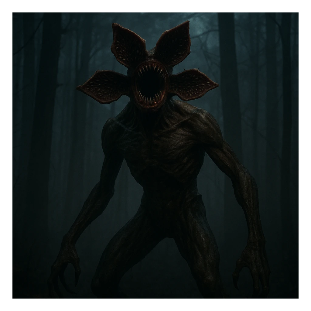 A Demogorgon in a dark, misty forest, inspired by Stranger Things, dramatic style, cinematic lighting, eerie atmosphere sticker