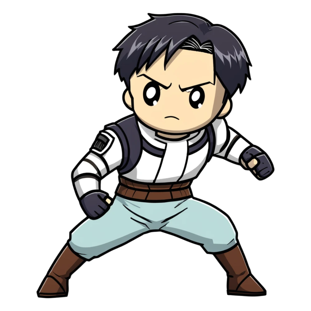 Levi Ackerman from Attack on Titan in battle stance with ODM gear, black undercut hair, serious expression sticker