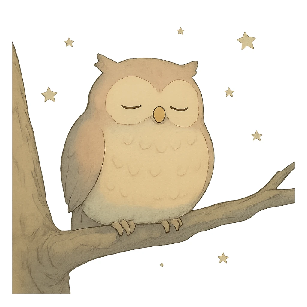 sleepy owl on a tree branch with stars, muted night palette, soft pastel colors, transparent background, ghibli style sticker
