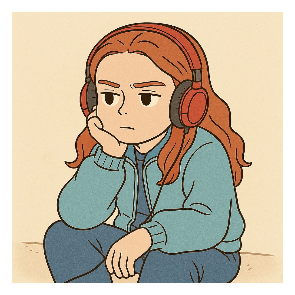 Max Mayfield from Stranger Things with iconic look: sitting listening to music with red headphones, blue jacket, pensive expression, simple line art, light pastel tones, thick outlines, Ghibli style, square 1:1 format. sticker