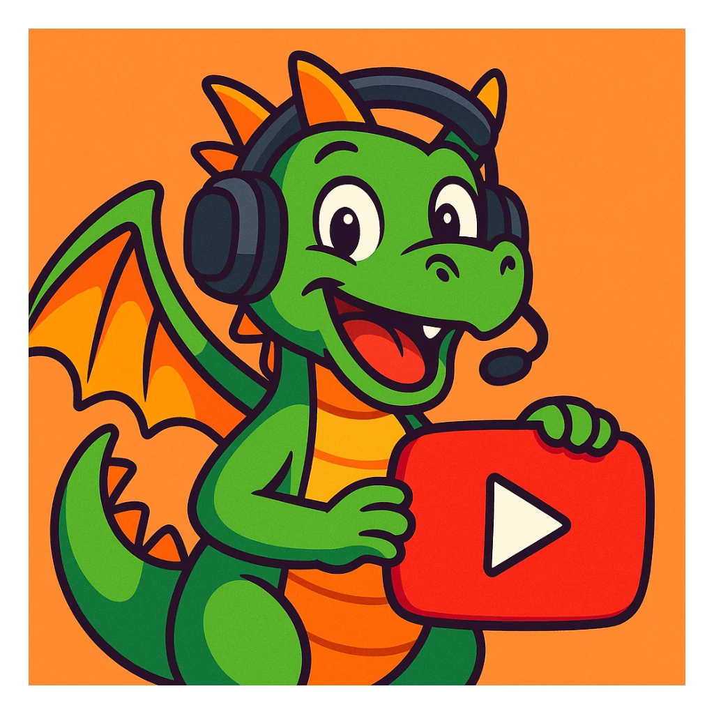 cartoon dragon holding a play button symbol, wearing a headset, cheerful expression, representing a YouTuber persona, vibrant toon style sticker