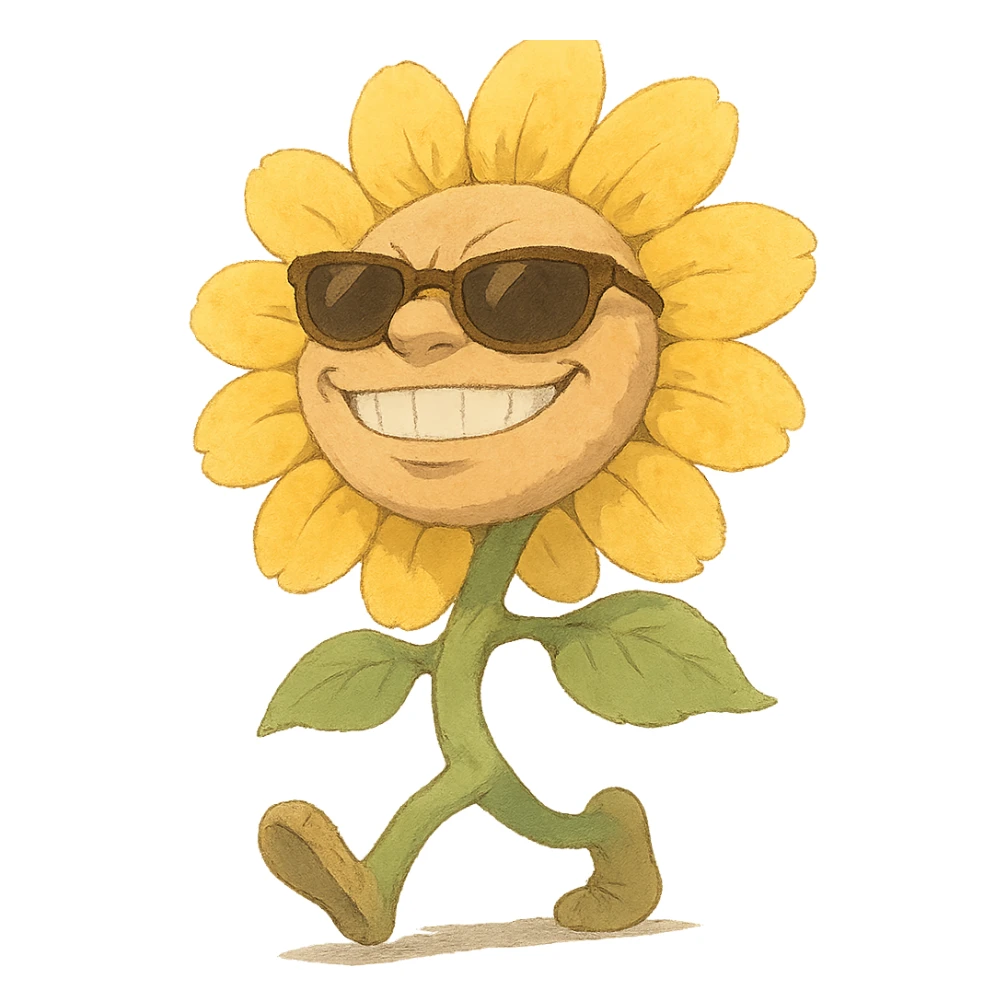 bright pastel yellow sunflower with large sunglasses, grinning proudly while strutting, round body, exaggerated confident face, soft Ghibli style sticker