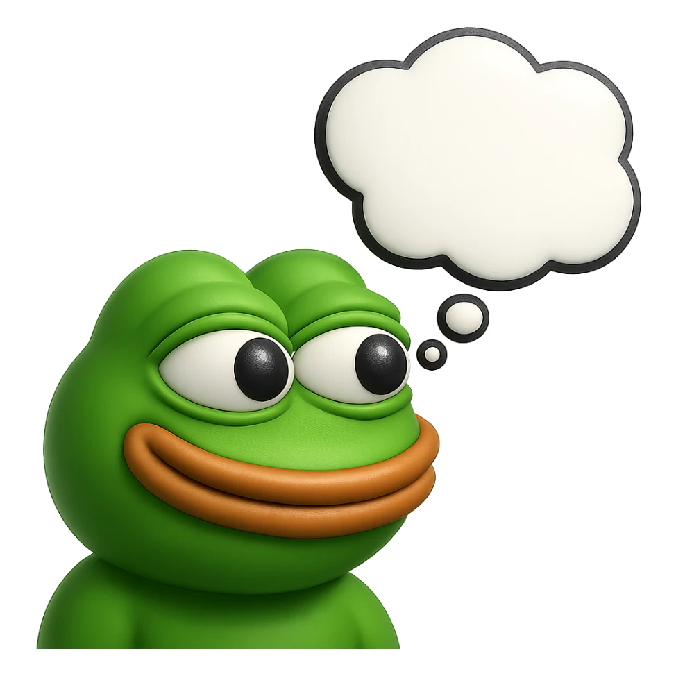 make a pepe in bright green smiling with thought bubble looking at right side in 3d style, good highlights and shadows, drop shadows sticker