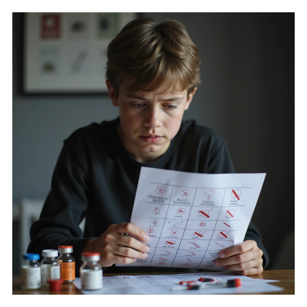 realistic young inexperienced athlete consulting dosage chart with errors, surrounded by danger symbols and anabolic vials, worried expression, risk atmosphere, isolated on white background, 4K quality sticker