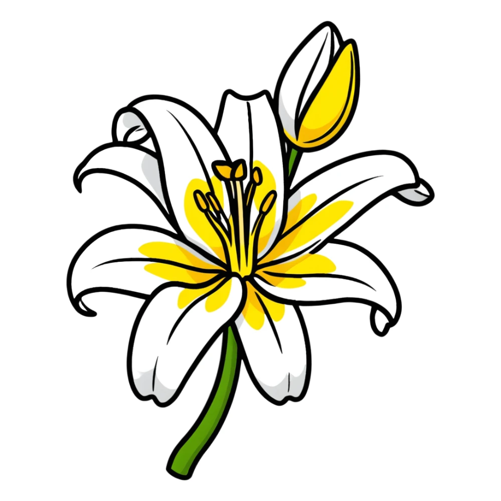 Delicate lily flower with white petals and yellow stamen, decorative design sticker
