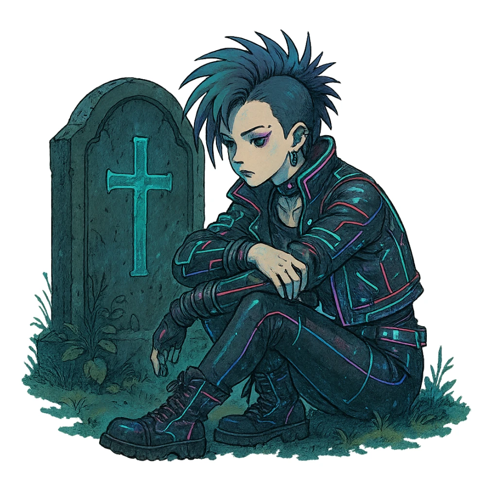  [[[a lonesome tombstone in a graveyard]]], , punk gothic style, futuristic cyberwave cyberpunk, sitting position
 sticker