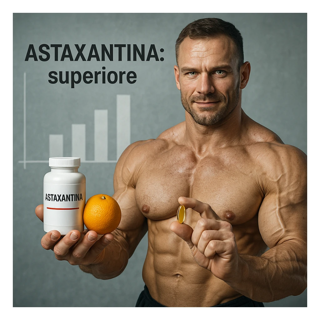 hyper realistic bodybuilder holding Astaxantina and orange in one hand, golden capsule in the other, visible muscles, bar chart, text 'Astaxantina: superiore', scientific atmosphere sticker