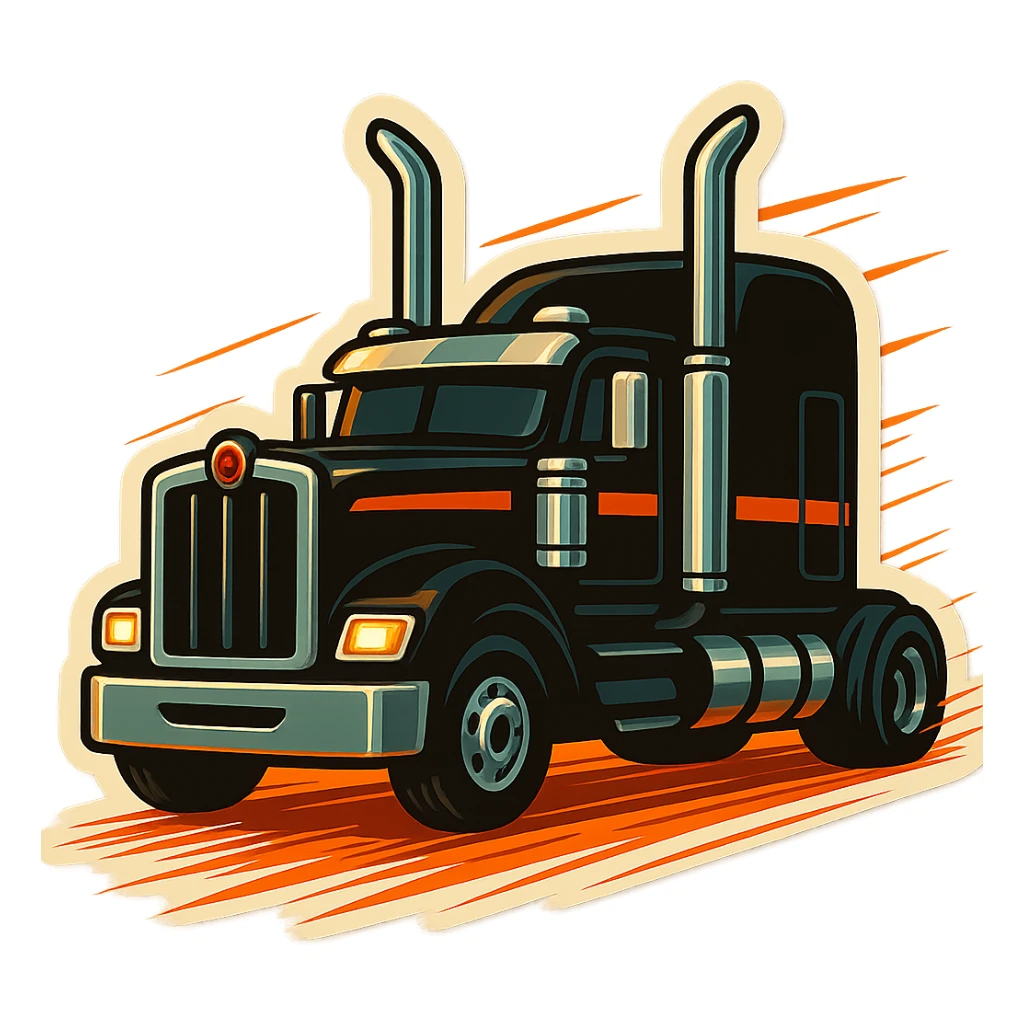 Black Kenworth W680 cartoon truck rolling down the road with exaggerated shiny chrome stacks, motion lines, and vibrant cartoon energy, dynamic and lively. sticker