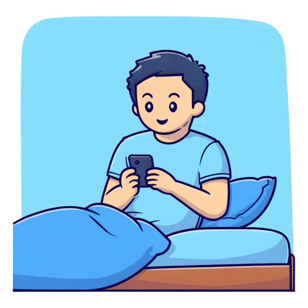 boy in a blue bed, on his phone, wearing a light blue t-shirt sticker