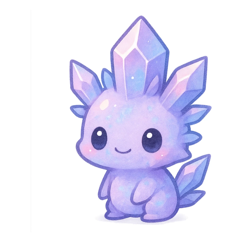 chibi kawaii style crystal sprite creature, pastel blend of purple, blue, and pink colors, cute and small sticker
