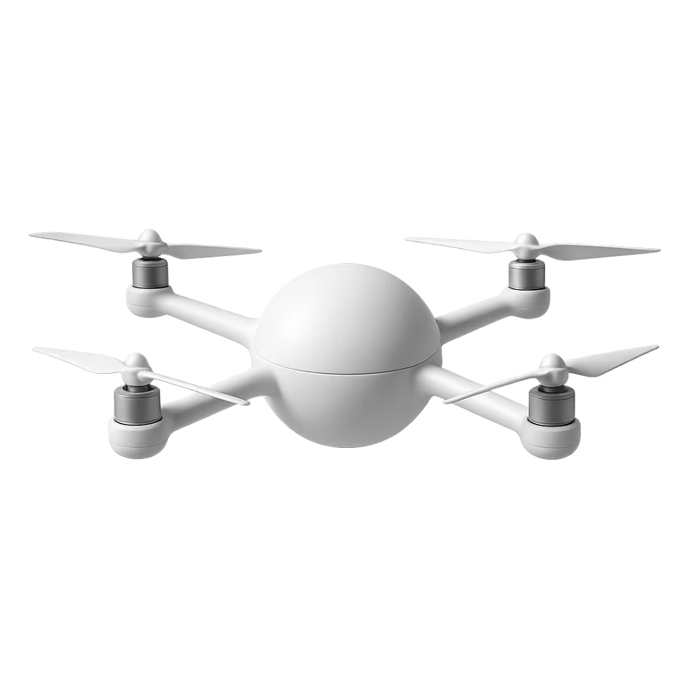 streamlined white drone with a spherical main body, arms and propellers connecting directly to the ball, no logo sticker
