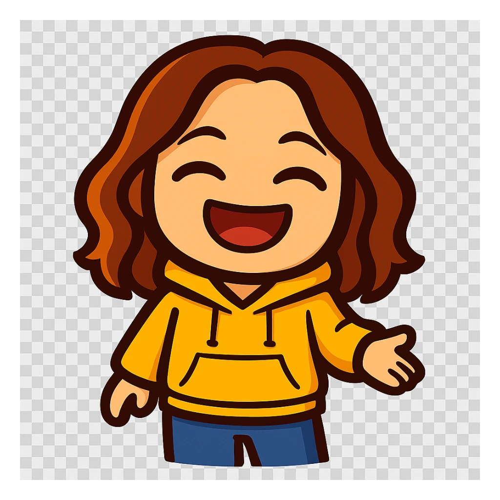 Update this chibi emote to remove the headband, sparkles, and wand. Change the outfit to a yellow hoodie and jeans, laughing with eyes closed sticker