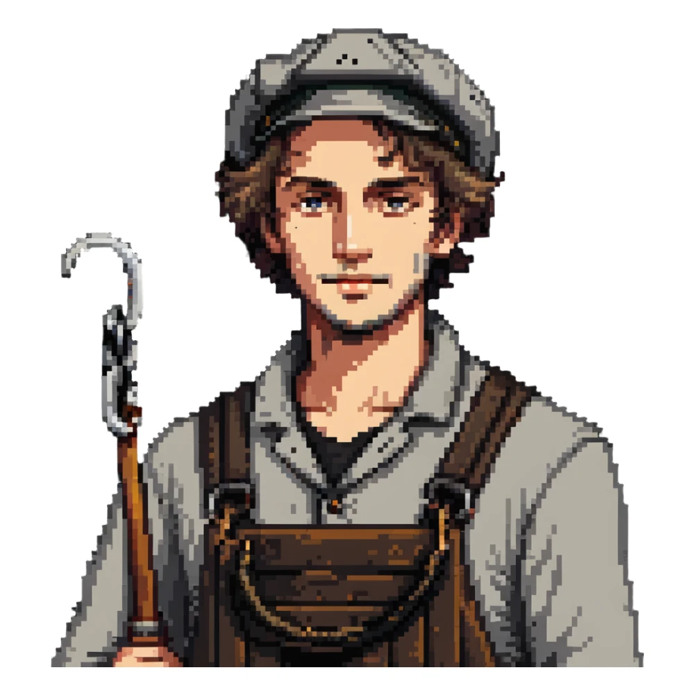 English dockworker from 1800s with weather-worn face, simple clothes and docker's hook sticker