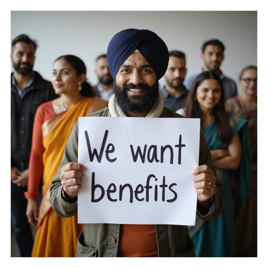 group of indian customers holding a board written "We want benefits" sticker