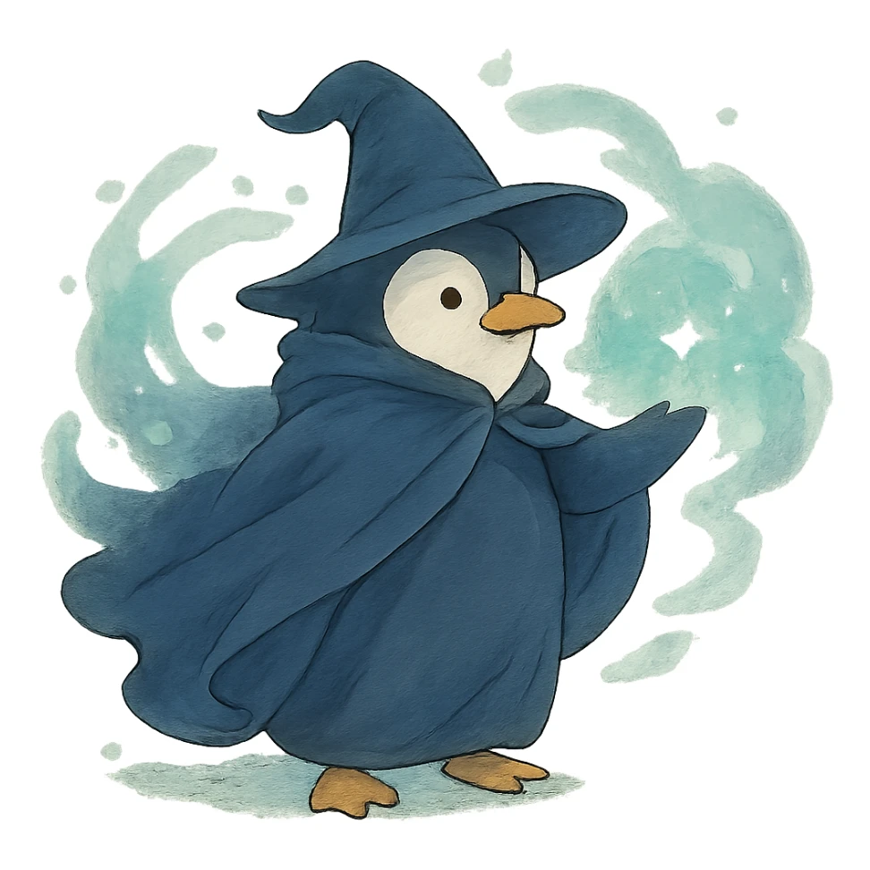 ghibli style penguin wizard with flowing cloak and magical aura sticker
