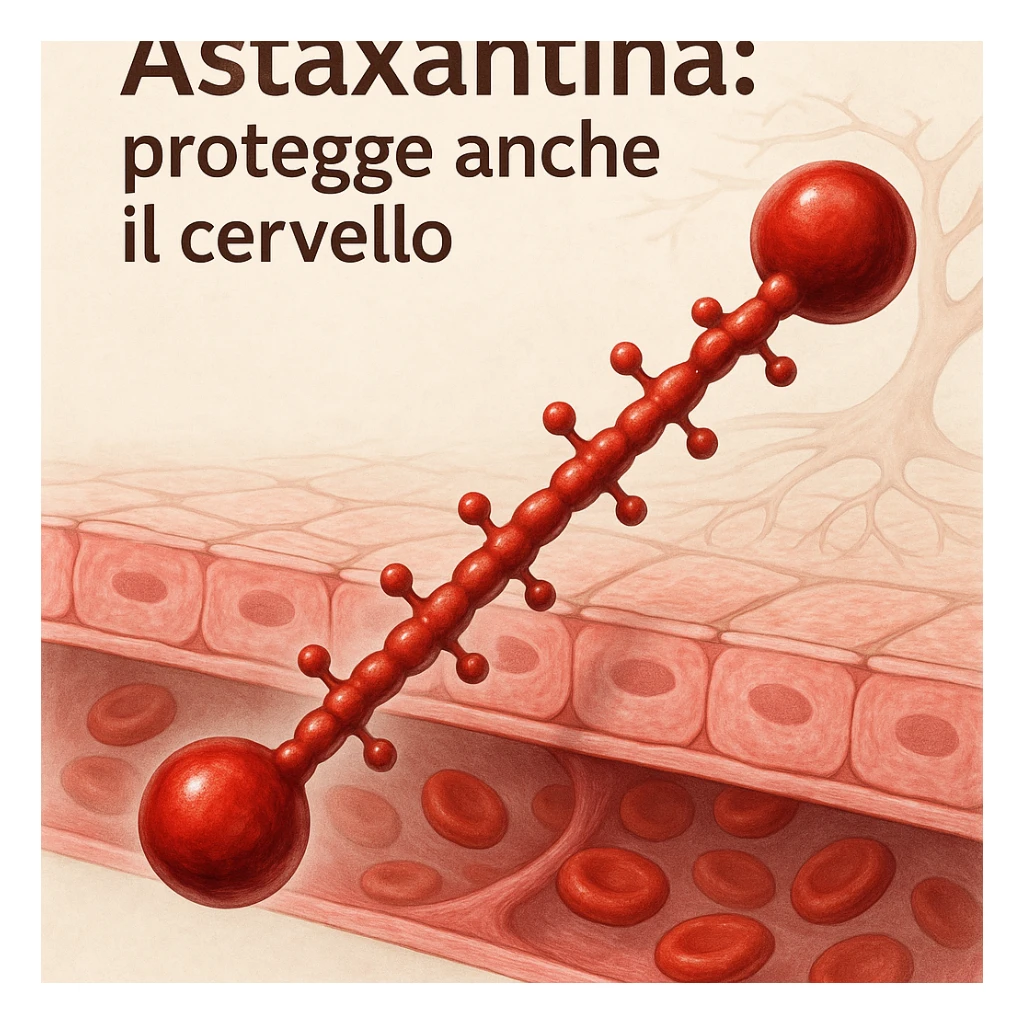 hyper realistic red astaxanthin molecule crossing a stylized representation of the blood-brain barrier, scientific atmosphere, light background, with Italian text 'Astaxantina: protegge anche il cervello' sticker