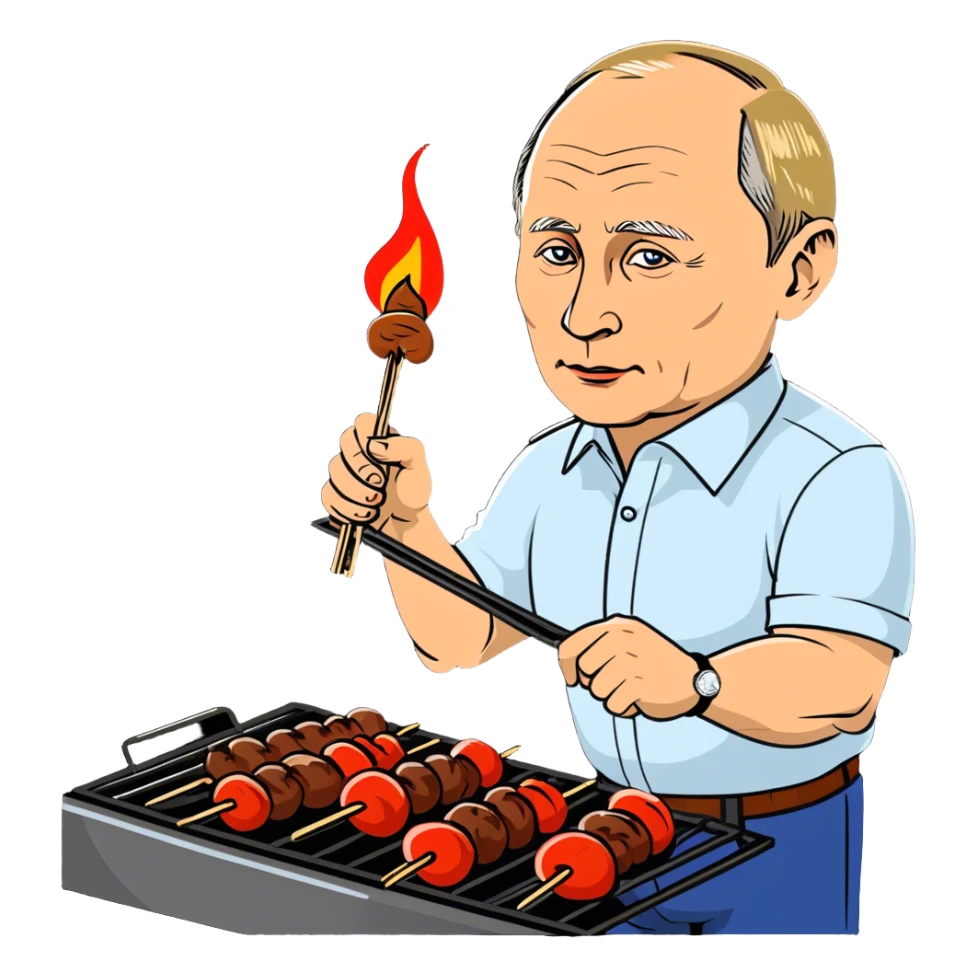 Putin is grilling shashlik at the barbecue. sticker