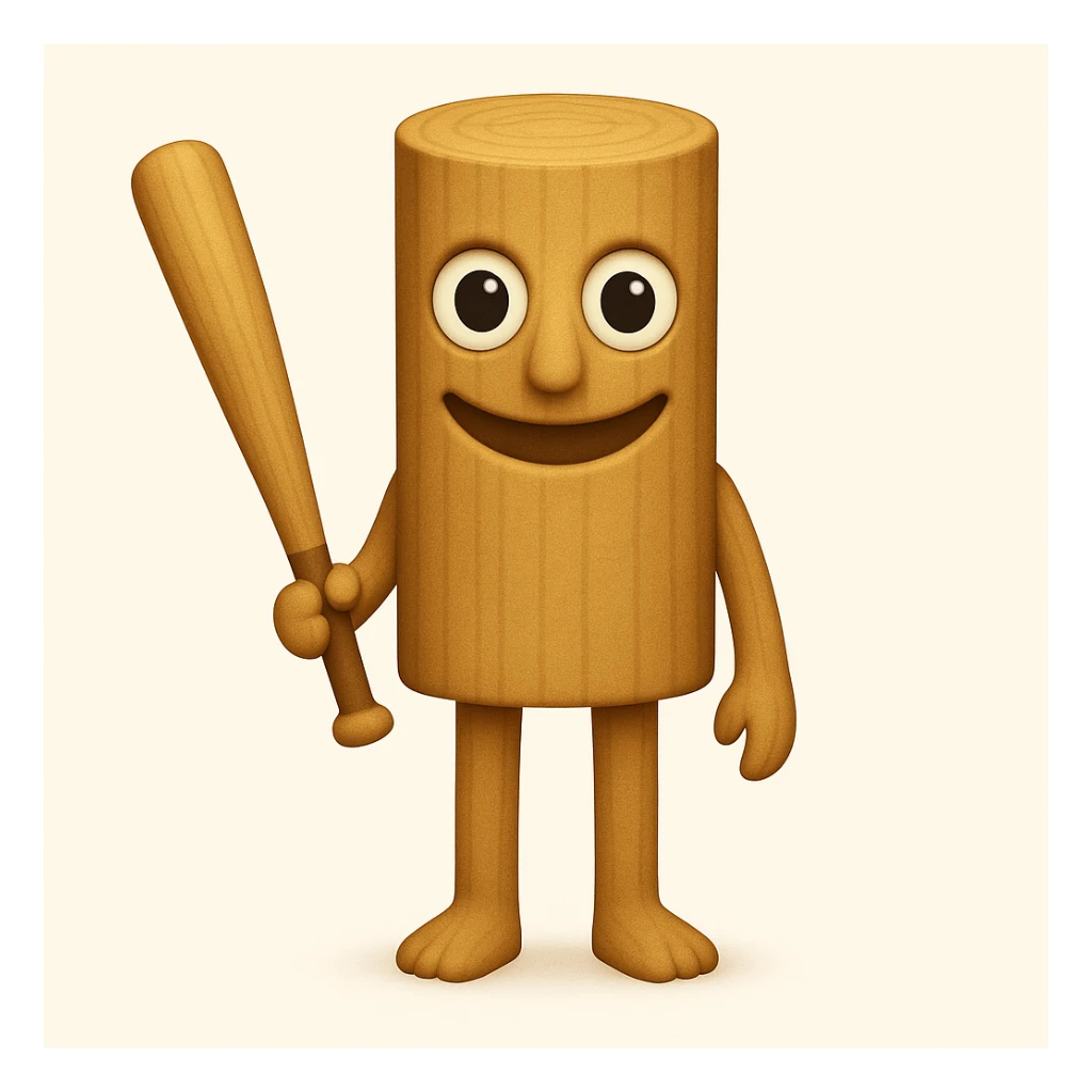 Make the character less human and more like a wooden stump, with a face that closely matches the reference image: large round eyes, wide unsettling smile, and minimal human features. Keep arms and legs, holding a baseball bat. Render in emoji style. sticker