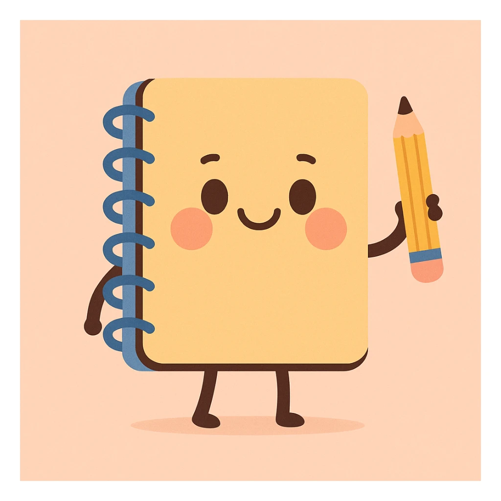 minimalist happy notebook with pencil, symbolizing daily writing and reflection, pastel cartoon style sticker