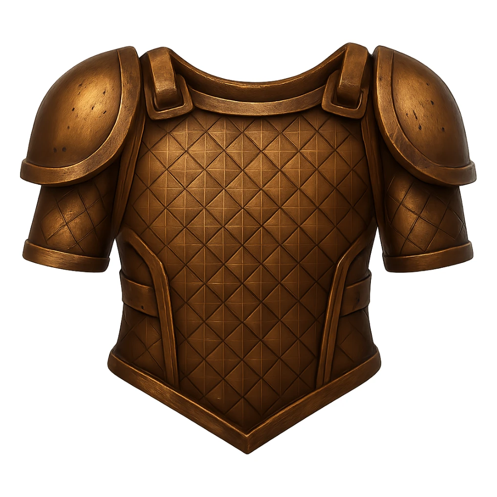 Make the bronze platebody look more realistic and metallic, similar to the bronze helmet. Add shine and a worn bronze texture. The style should resemble emoji style with a transparent background. sticker