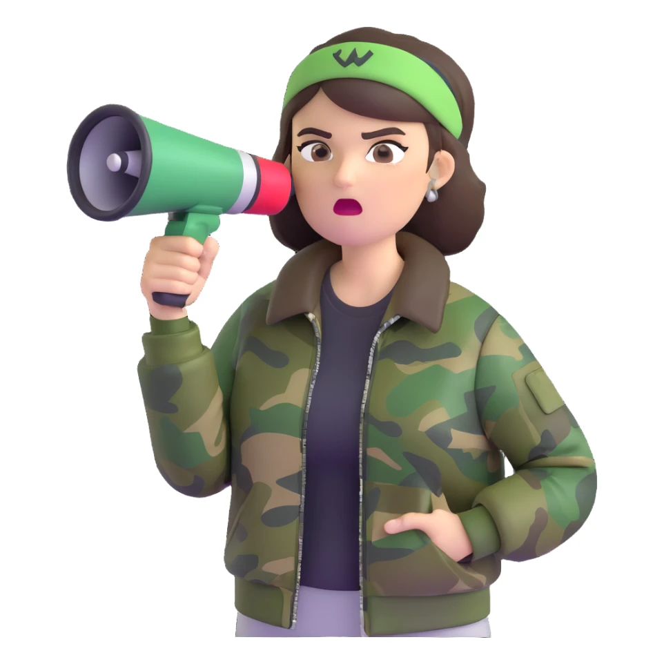woman with green headband, camo jacket, holding a megaphone, angry expression sticker