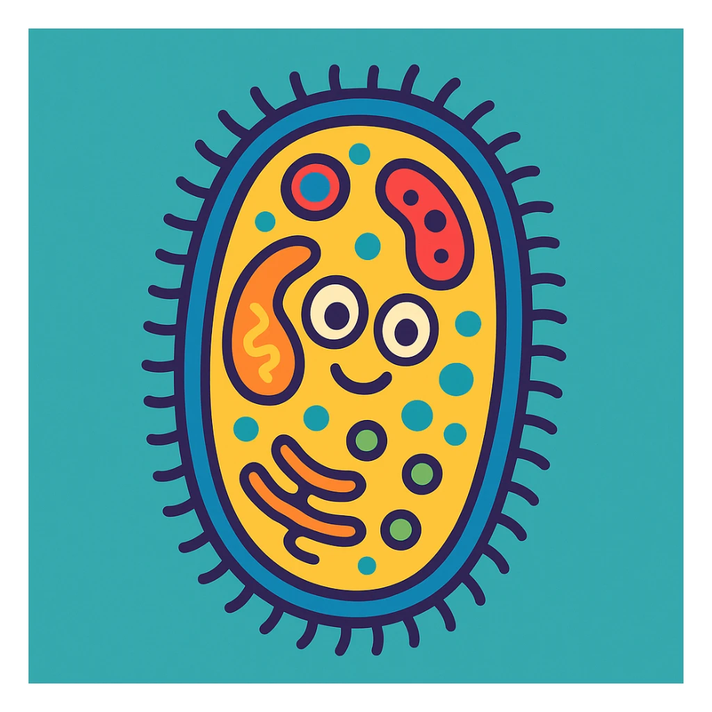 simplified cartoon style bacteria with cell organs, colorful and friendly sticker