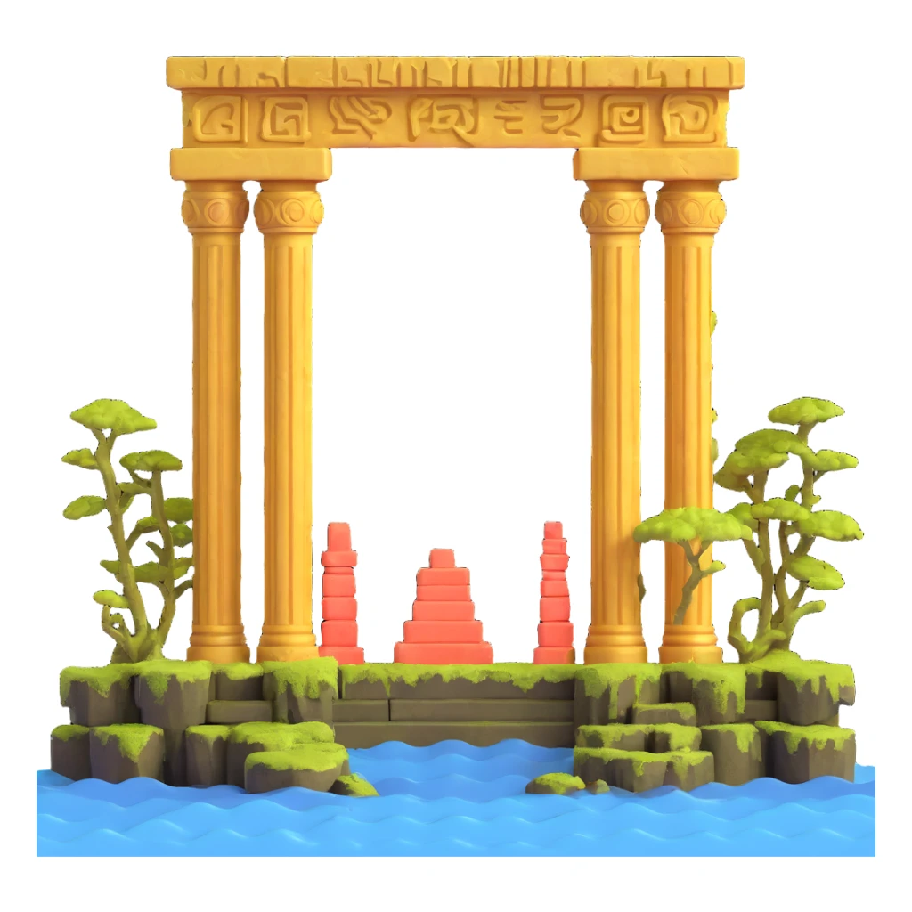 ruined Anunnaki golden underwater temple, broken pillars, ancient symbols, moss and coral sticker