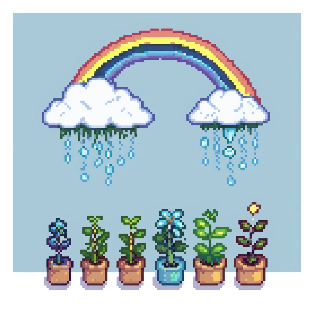 Rain clouds with rainbow and new plant sprouts sticker