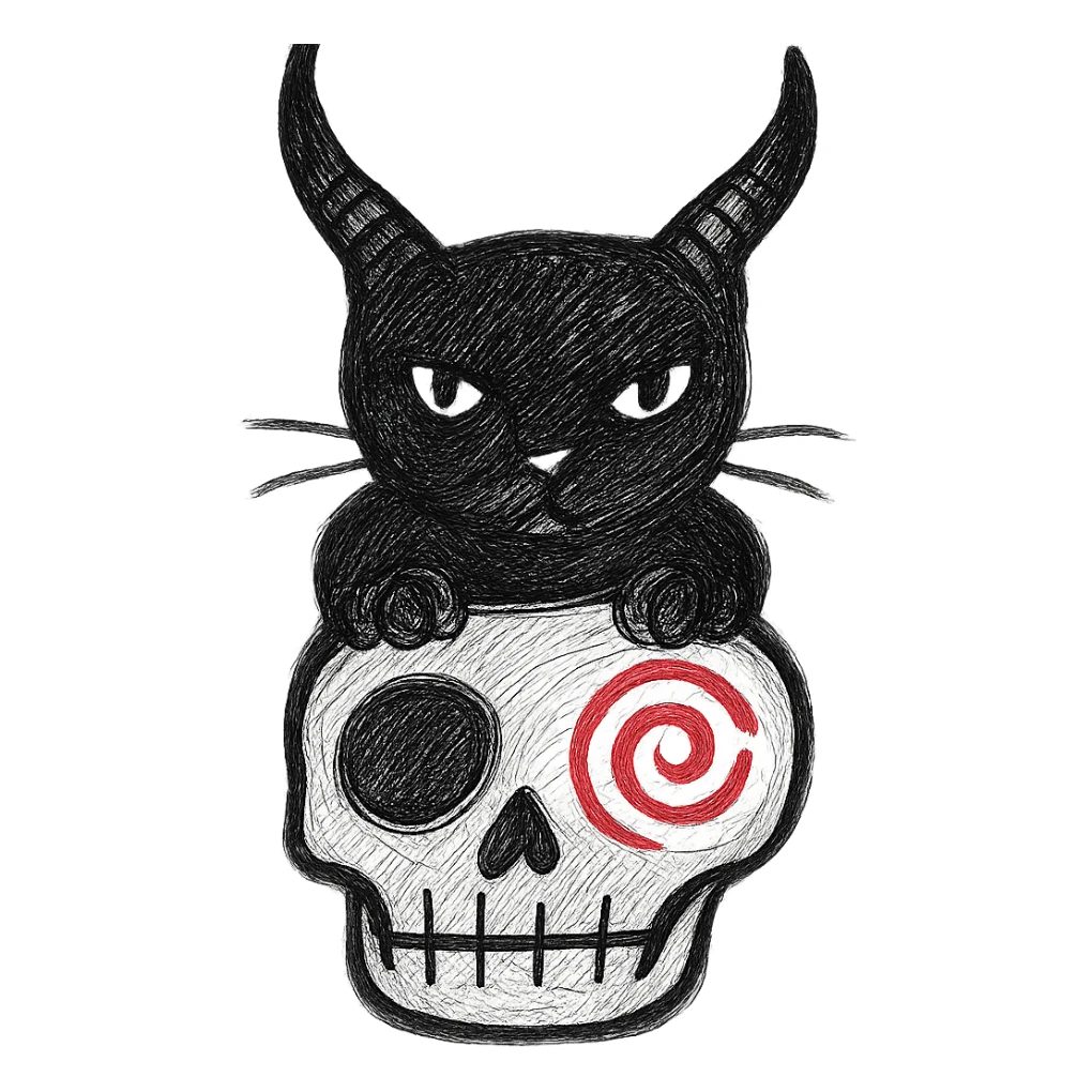 Make the black cat with demon horns and skull less cartoonish, more realistic hand drawn style, bold lines, no fill, preserve the red spiral on the skull, transparent background. sticker