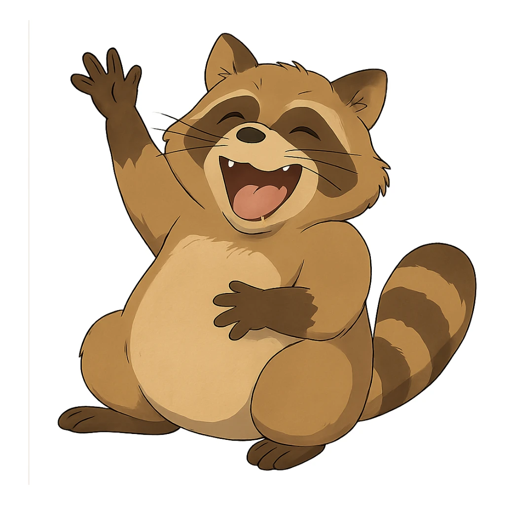 ghibli style raccoon laughing hard and waving sticker